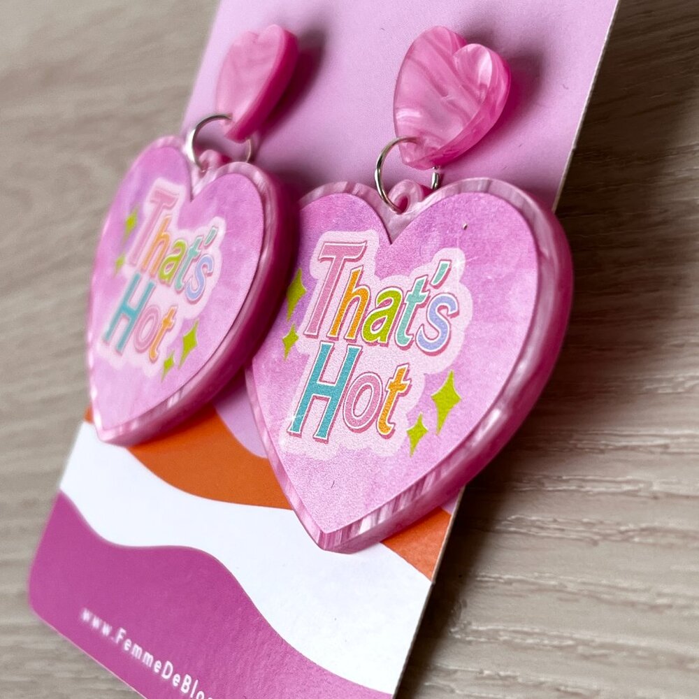 NWT FemmeDeBloom Y2K Paris-Inspired "That's Hot" Pink Heart Drop Earrings - Picture 3 of 9